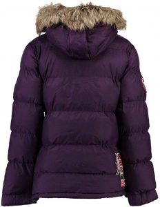 Vista de la Espalda del Abrigo para Niña de Geographical Norway: modelo chaqueta Anson 068 en púrpura